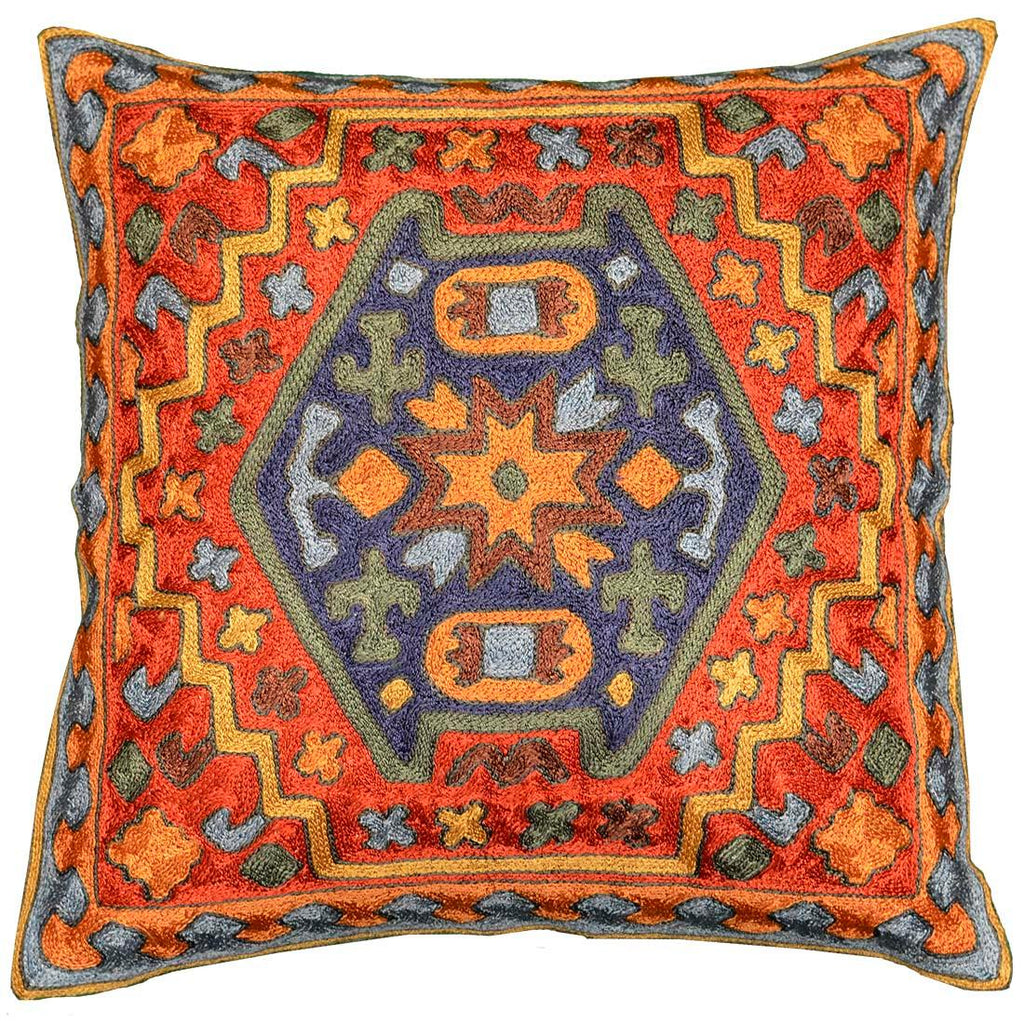 dragon tribal cushion cover silk hand embroidered 16 x 16 - Kashmir Designs