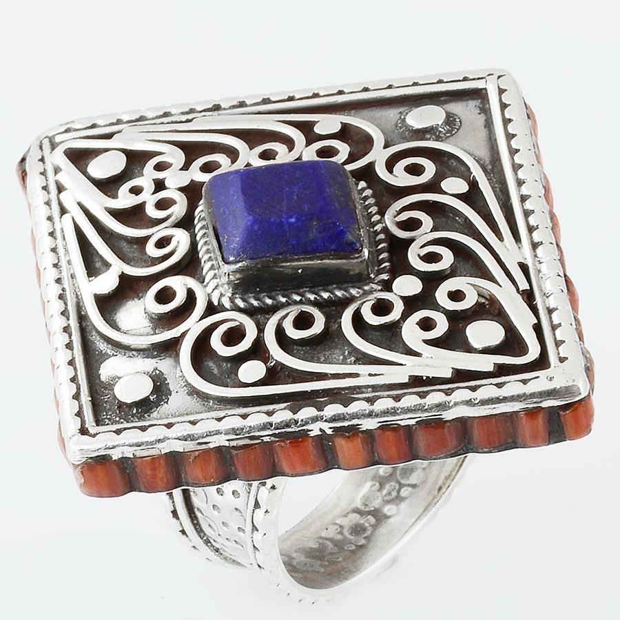 Size 8 Blue Lapis Ring Sterling Silver Rhombus Filigree - Kashmir Designs