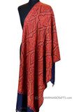 Blue Taj Red Jamawar Kashmir Shawl Hand Embroidered Suzani Needlework Wrap 27x76