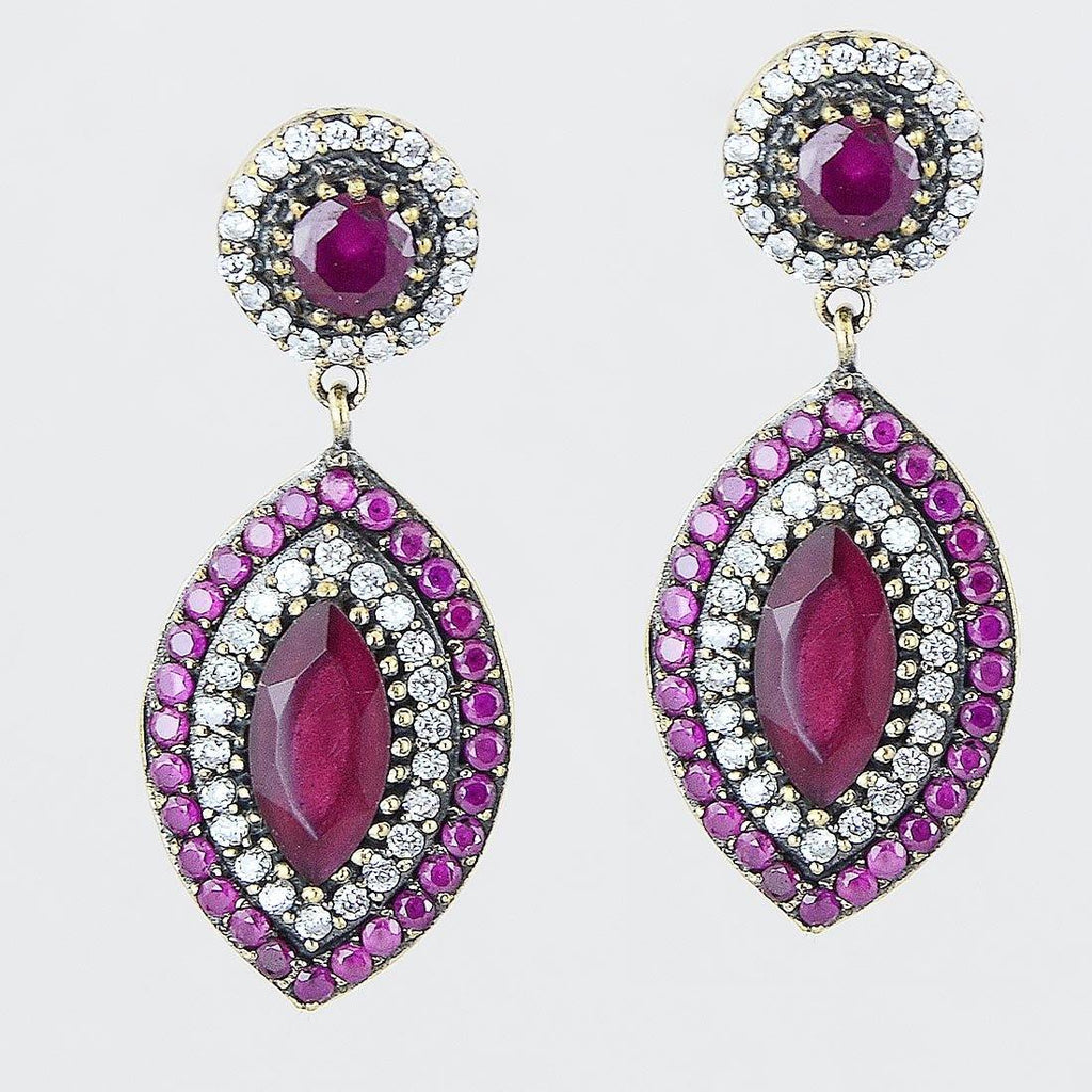 Silver Red Ruby Ottoman 925 Sterling Earrings Art Deco Marquise - Kashmir Designs