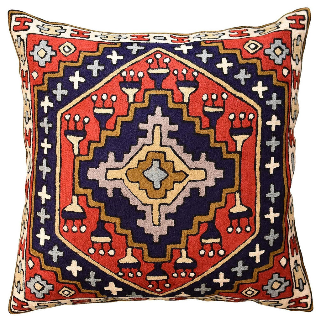 Tribal Kilim Southwestern Red Navy II Pillow Cover Handembroidered Wool 18x18" - KashmirDesigns