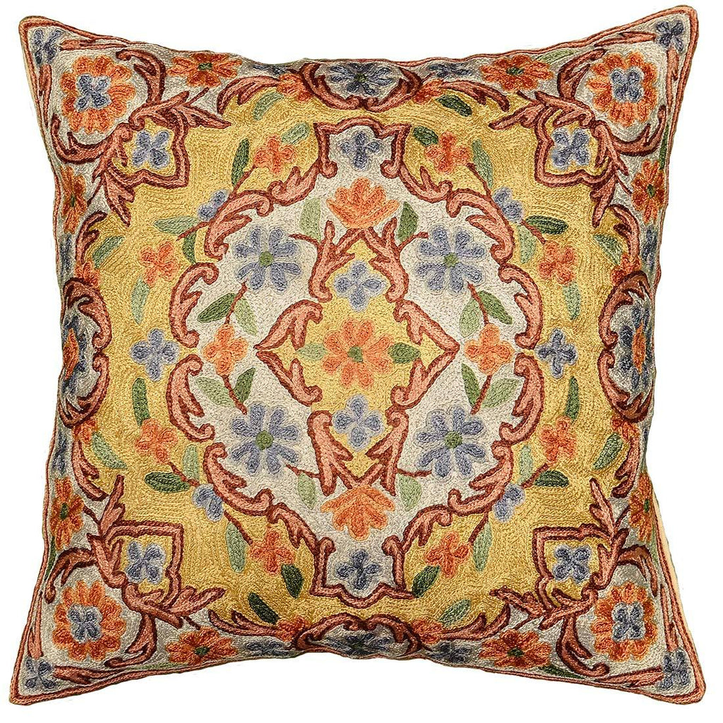 floral verbascum hand embroidered pillow cover 16 x 16 - Kashmir Designs