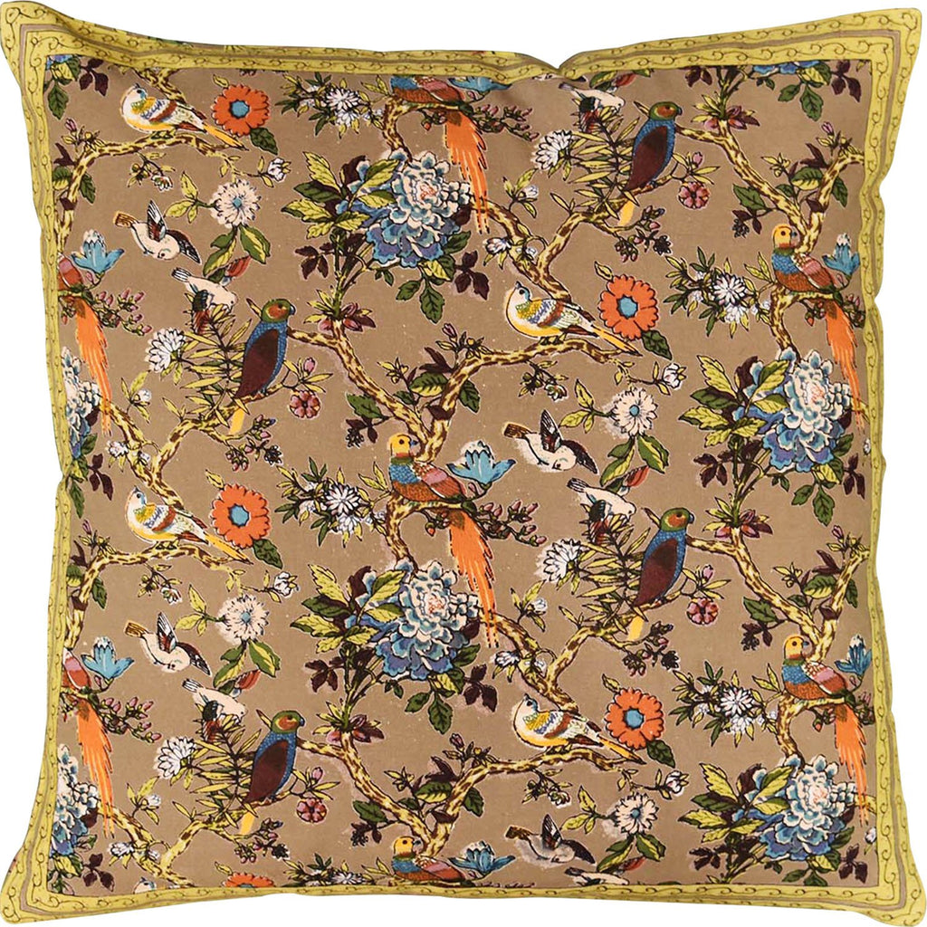 Bird Symphony Floral Birds Accent Cotton Pillow Cover Handprint Design 16"x16" - KashmirDesigns