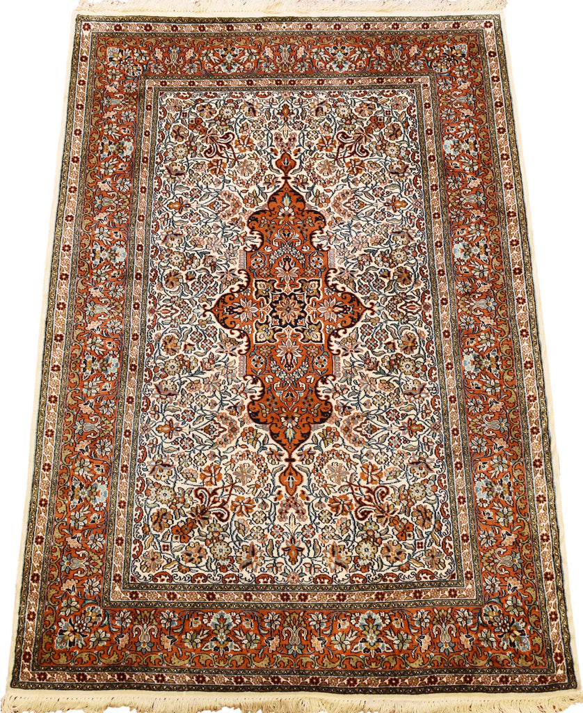 6’X4' Tabriz Cream Rug Pure Silk Pile Oriental Area Rugs Carpet Hand Knotted