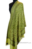 Pear Green Floral Jamawar Kashmir Shawl Hand Embroidered Suzani Needlework Wrap 27x76