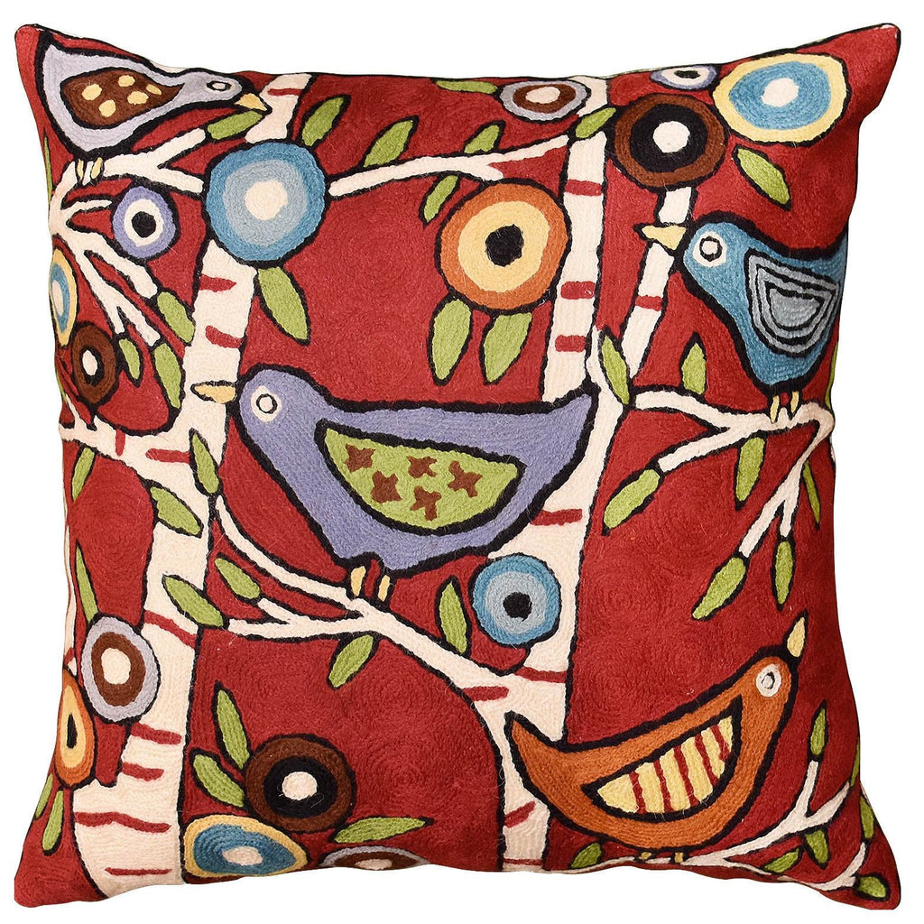 Four Birds By Karla Gerard Red Accent Pillow Cover Handembroidered Wool 18"x18" - KashmirDesigns