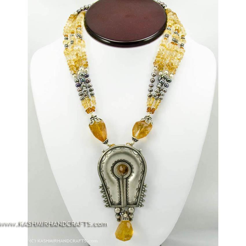 Citrine Silver Necklace grey pearl Necklace - Kashmir Designs