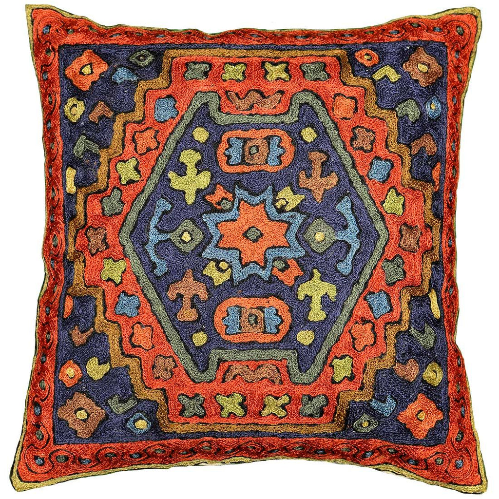 dragon II tribal cushion cover silk hand embroidered 16 x 16 - Kashmir Designs