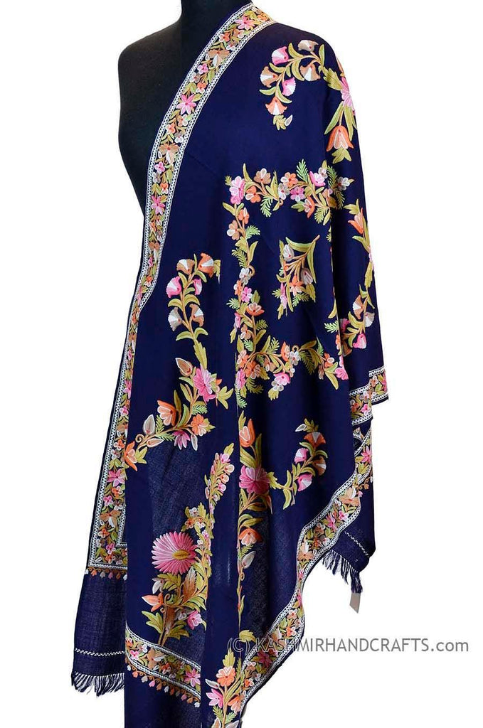 royal blue floral kashmir shawl hand embroidered wrap - Kashmir Designs