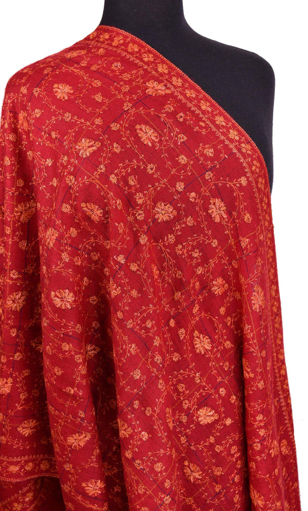 Arete Pashmina Shawl Red Antelope Handloom Suzani Needlework Wrap 27x76" - Kashmir Designs