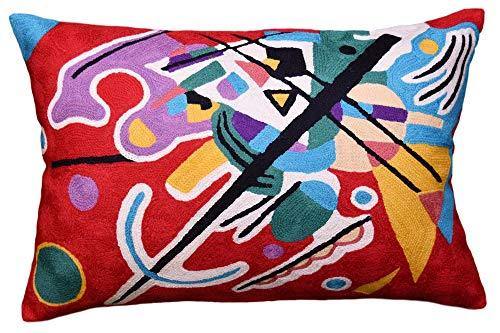 Kashmir Designs Kandinsky Decorative Pillow Cover Red Painting Abstract Cushion Wool HandEmbroidered 14x20 - Kashmir Designs