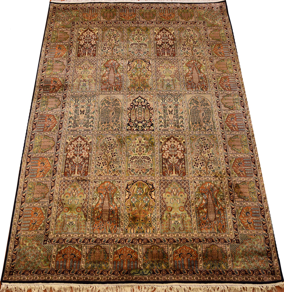 6x9ft Hamadan Silk Rug Oriental Carpet Tree of Life Four Seasons Hand Knotted - Kashmir Designs