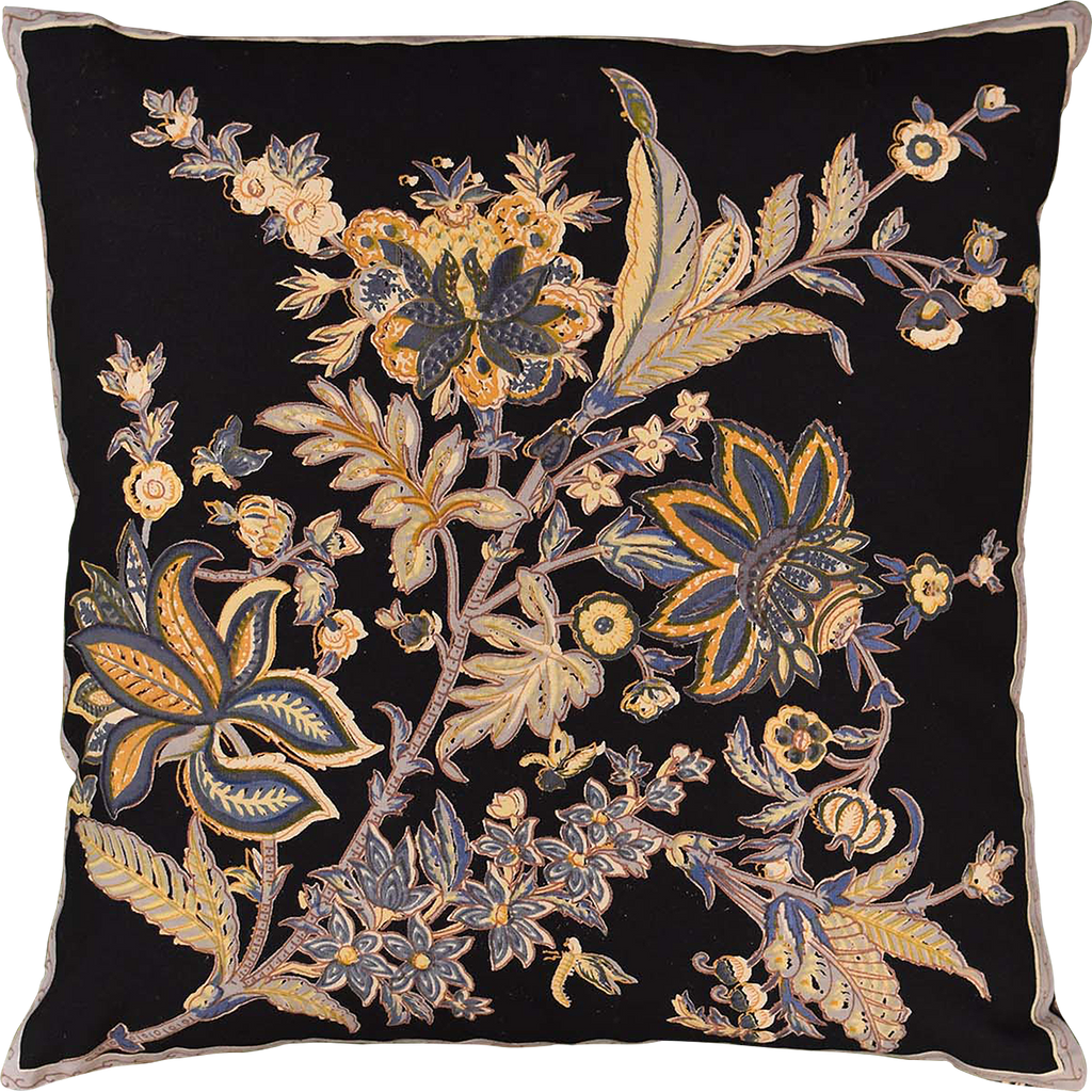 Hawaii Black Floral Accent Cotton Pillow Cover Hand Block Print Design 16"x16" - KashmirDesigns