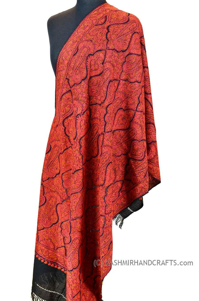 red taj jamawar kashmir shawl hand embroidered wrap - Kashmir Designs