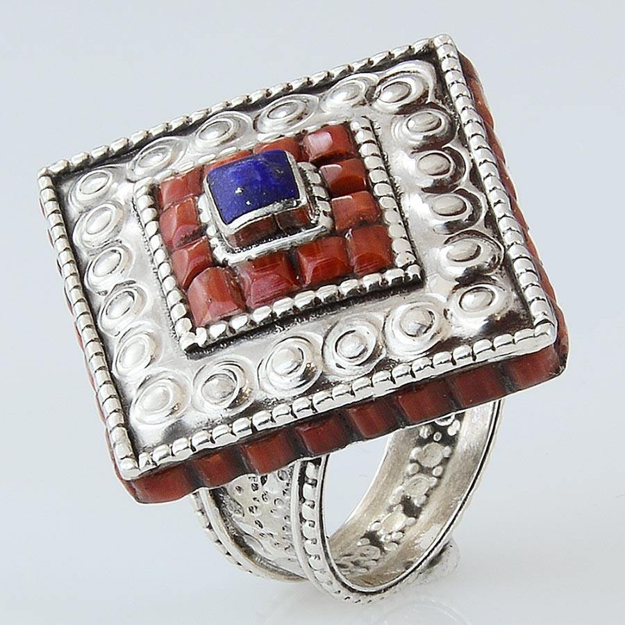 Size 9 Lapis Coral Rhombus Ring Sterling Silver - Kashmir Designs