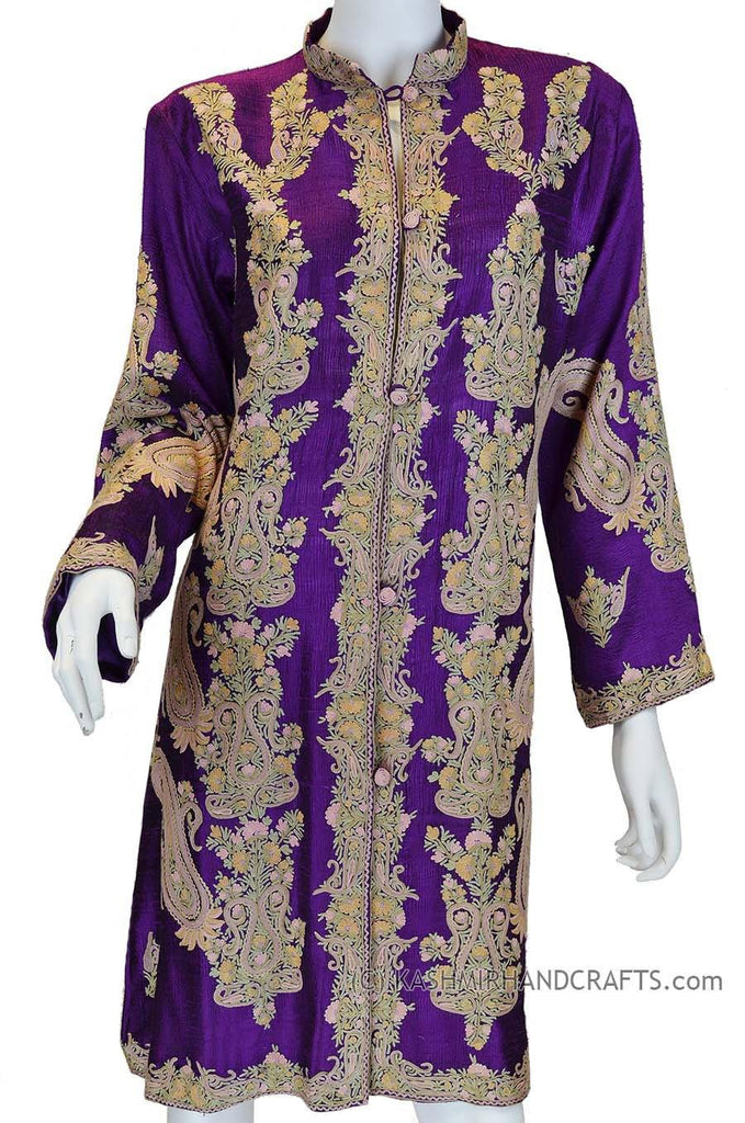 Purple Silk Jacket Dinner Paisley Lavender Evening Dress Coat Hand Embroidered Kashmir - Kashmir Designs