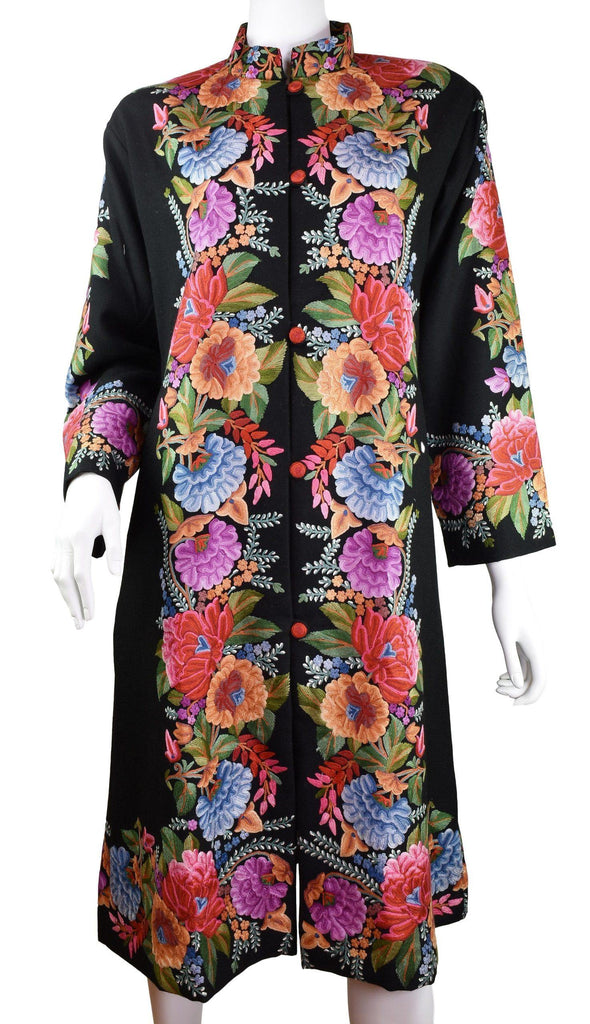 Vesta Floral Cashmere Jacket Dinner Black Evening Dress Coat Hand Embroidered Kashmir - Kashmir Designs