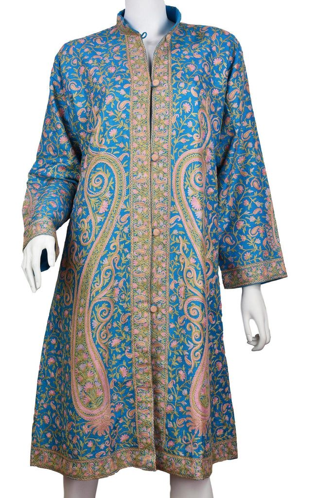 Thalia Turquoise Silk Jacket Dinner Paisley Floral Evening Dress Coat Hand Embroidered Kashmir - Kashmir Designs