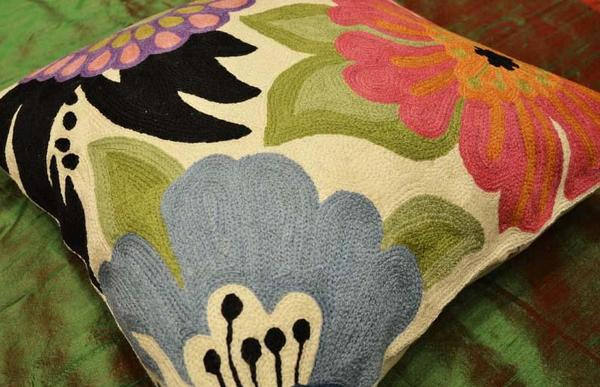 Kashmir Indigo Contemporary Hand Work Tapestry Wool Pillowcase Home on sale Decor Art Fashion design KashCrafts Floral cushion cover.