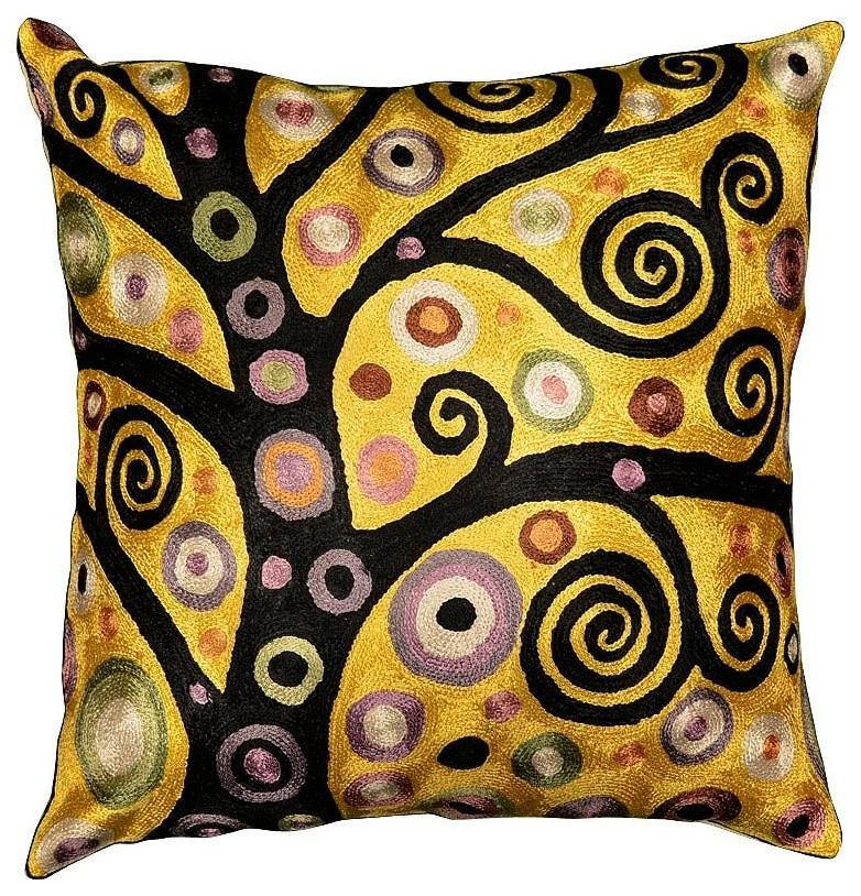 Klimt Throw Pillow Soulful Tree of Life Silk Hand Embroidered 18" x 18" - KashmirDesigns