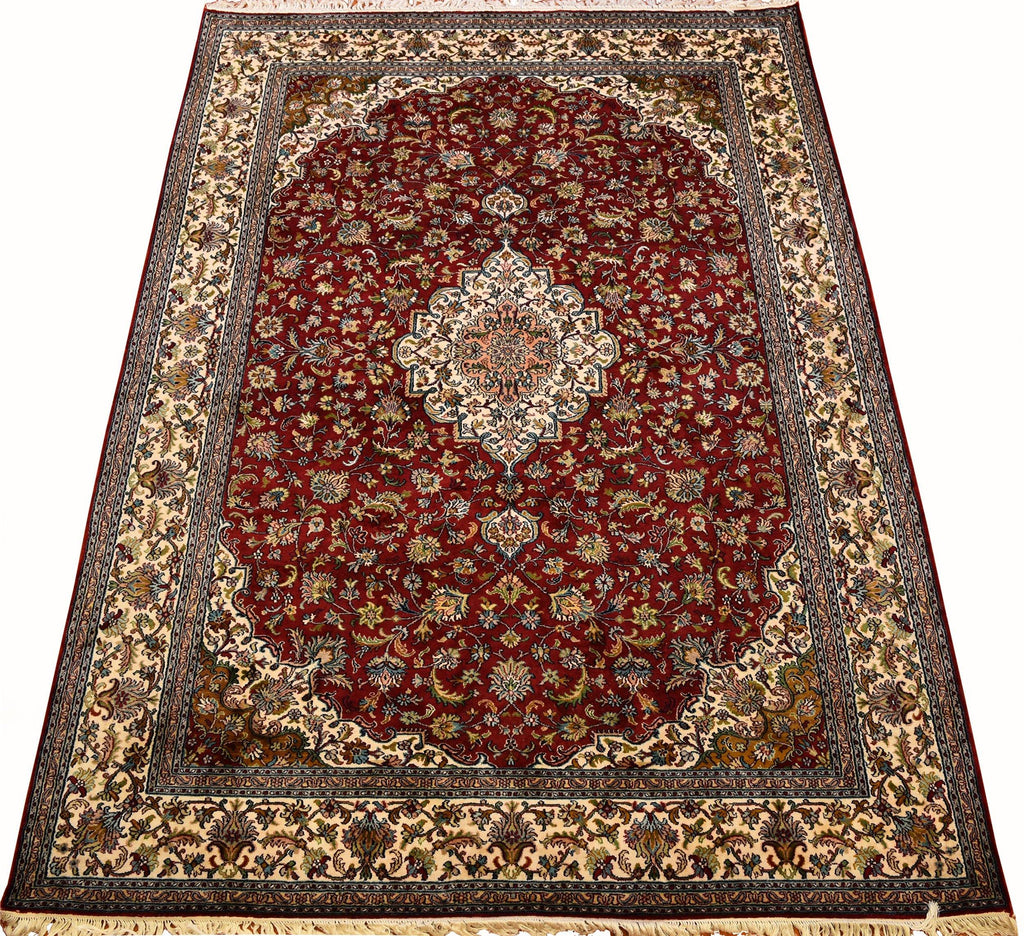 5.7x8.5ft Red Kashan Silk Rug Oriental Carpet Medallion Paradise Garden Kashmir Hand Knotted - Kashmir Designs