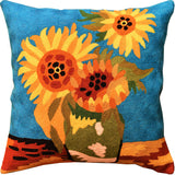 Sunflowers I Van Gogh Teal Decorative Pillow Cover Handembroidered Wool 18x18 Inch