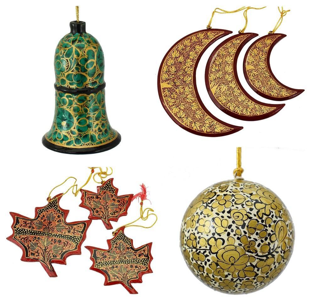 Holiday Christmas Ornaments, Hand Painted Ball, Bell, Moon and Maple Set - KashmirDesigns