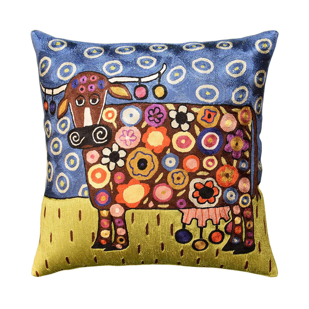 Blooming Cow Karla Gerard Accent Pillow Cover Handembroidered Art Silk 18"x18" - KashmirDesigns