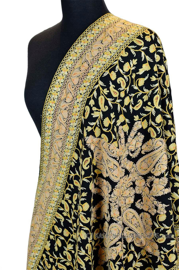 Yellow Gold Floral Kashmir Shawl Hand Embroidered Suzani Needlework Wrap 27x76" - Kashmir Designs