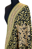 Yellow Gold Floral Kashmir Shawl Hand Embroidered Suzani Needlework Wrap 27x76