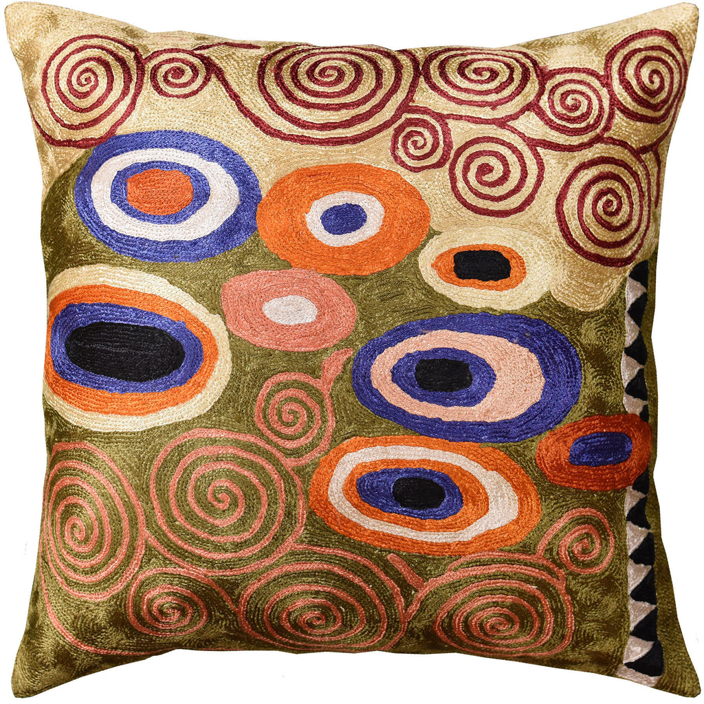 Klimt Moss Green Swirls Decorative Pillow Cover Handembroidered Art Silk 18x18" - KashmirDesigns