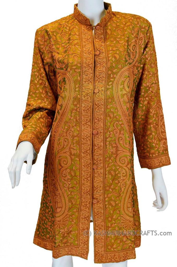 Green Rust Silk Jacket Iridescent Dinner Paisley Evening Dress Coat Hand Embroidered Kashmir - Kashmir Designs