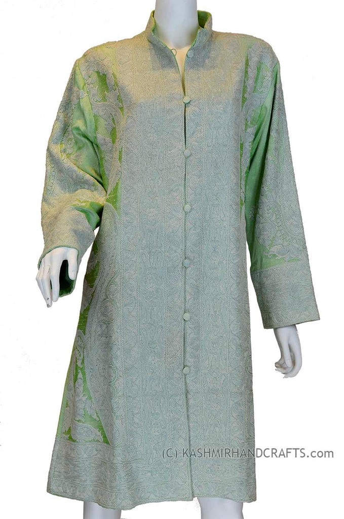 Sage Green Silk Jacket Dinner Paisley Evening Dress Coat Hand Embroidered Kashmir - Kashmir Designs