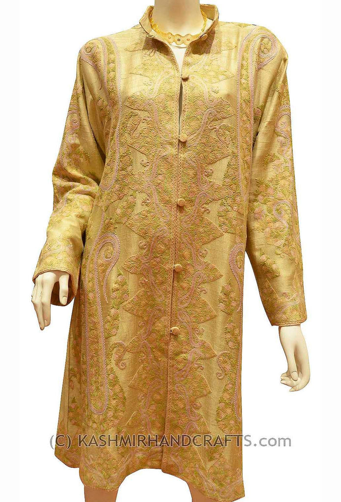 Beige Tan Silk Jacket Dinner Paisley Evening Dress Coat Hand Embroidered Kashmir - Kashmir Designs