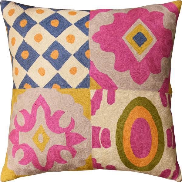 Floral Four Square Elements Decorative Pillow Cover Handembroidered Wool 20"x20" - KashmirDesigns