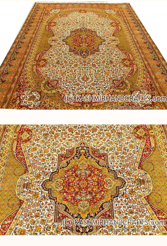 Isfahan Silk on Silk Oriental Rug Royal Ivory Handknotted 6ft x 9ft - Kashmir Designs
