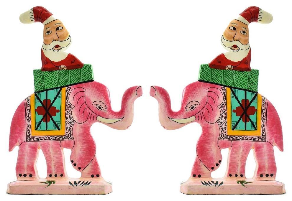 Santa Elephant Christmas  Holiday Ornaments Handpainted, Pink, Set of 2 - KashmirDesigns