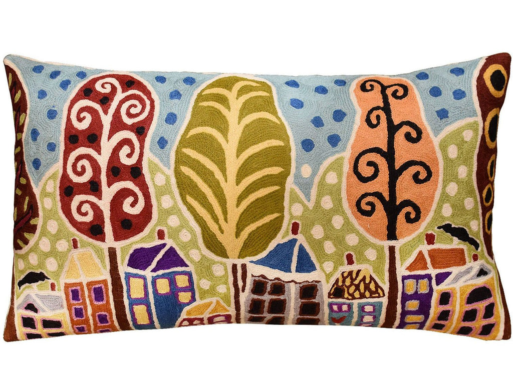 Houses Trees Birds Karla Gerard Accent Pillow Cover Handembroidered Wool 14"x24" - KashmirDesigns