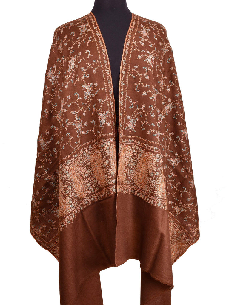 Idyia Pashmina Shawl Brown Paisley Antelope Handloom Suzani Needlework Wrap 27x76" - Kashmir Designs