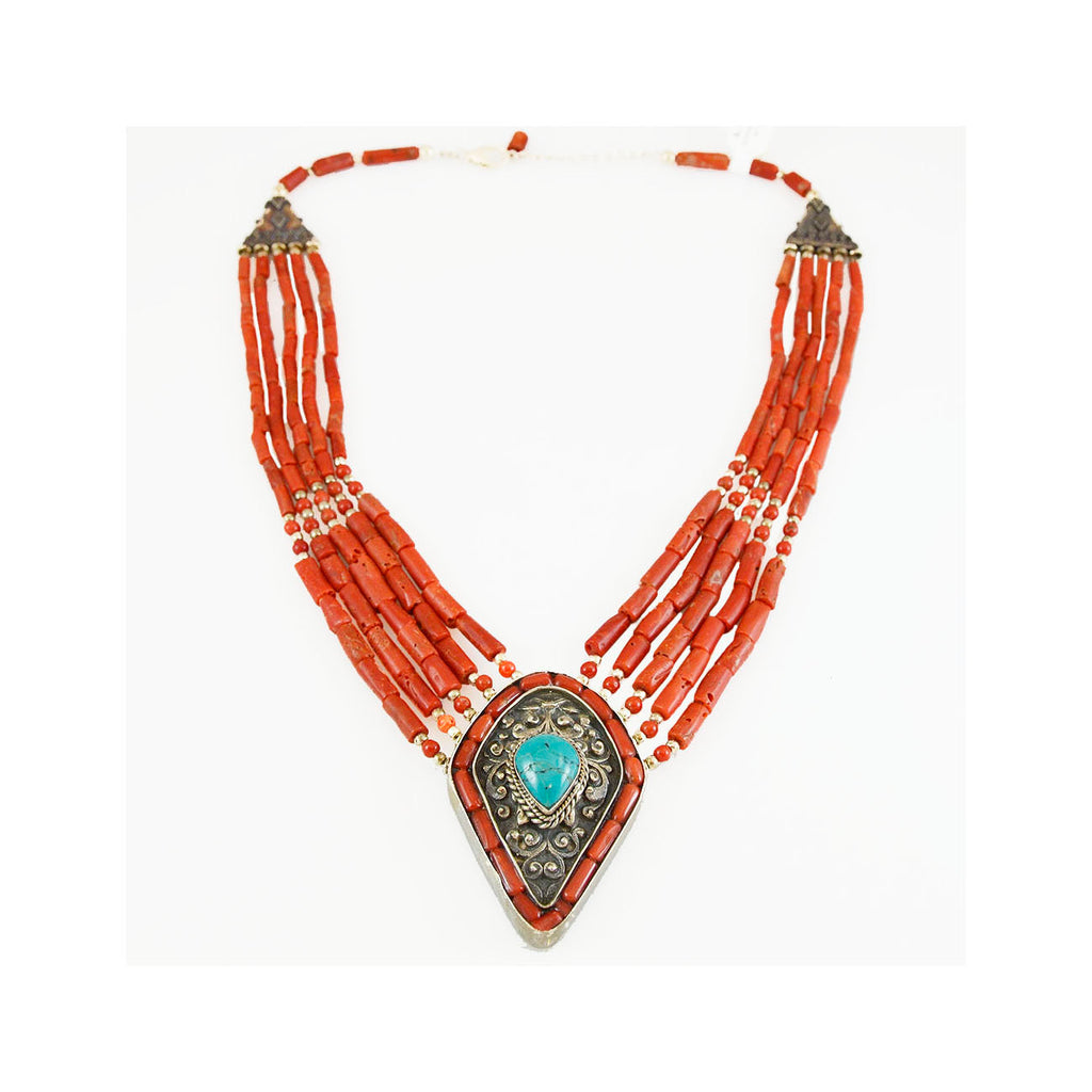 Coral Choker Turquoise Pendant Sterling Silver Necklace Collar Hand Crafted - KashmirDesigns