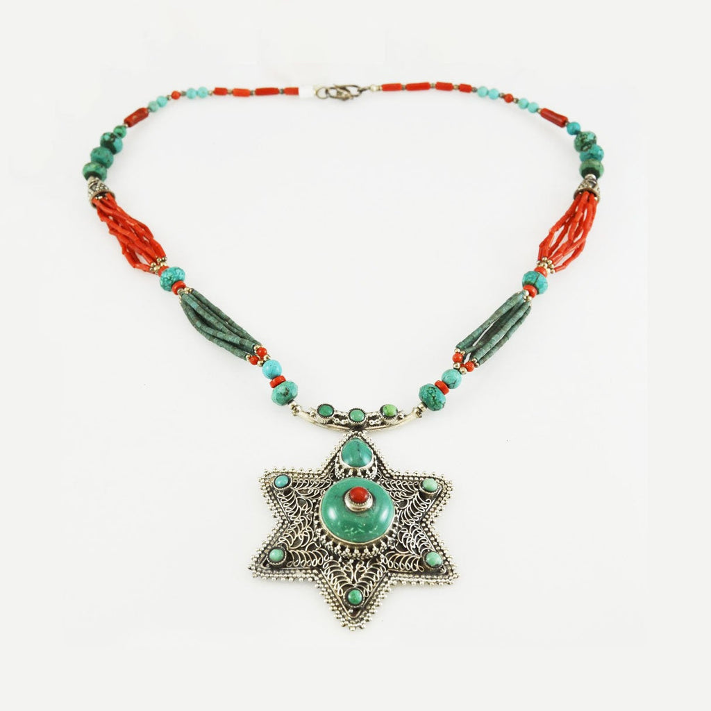 Turquoise Coral Star Necklace Star of Life  925 Sterling Silver Collar Choker - KashmirDesigns
