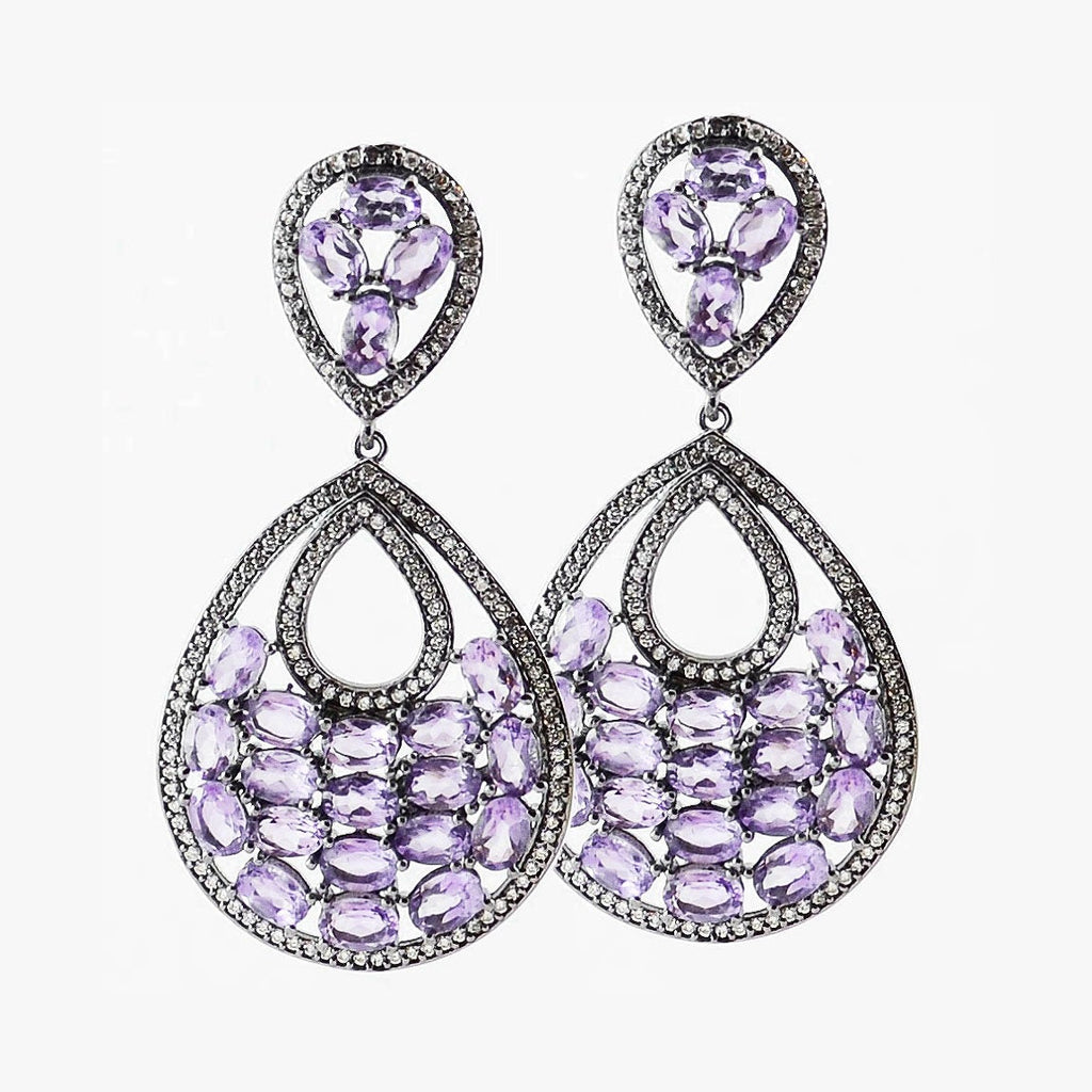 Violet Amethyst Silver Earrings Purple Pear Shaped Dangle Design Handcrafted - KashmirDesigns