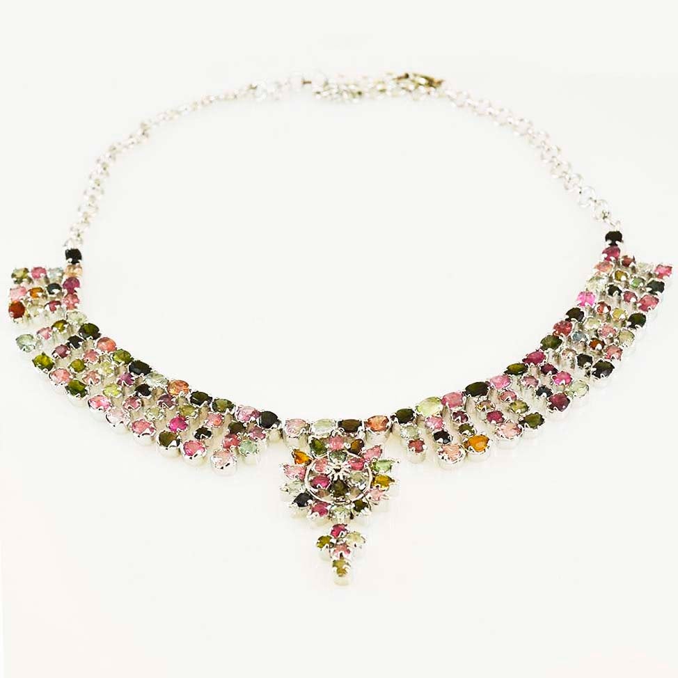Tourmaline Watermelon 925 Sterling Silver Choker Multi Color Necklace Daisy Collar Handcrafted - KashmirDesigns