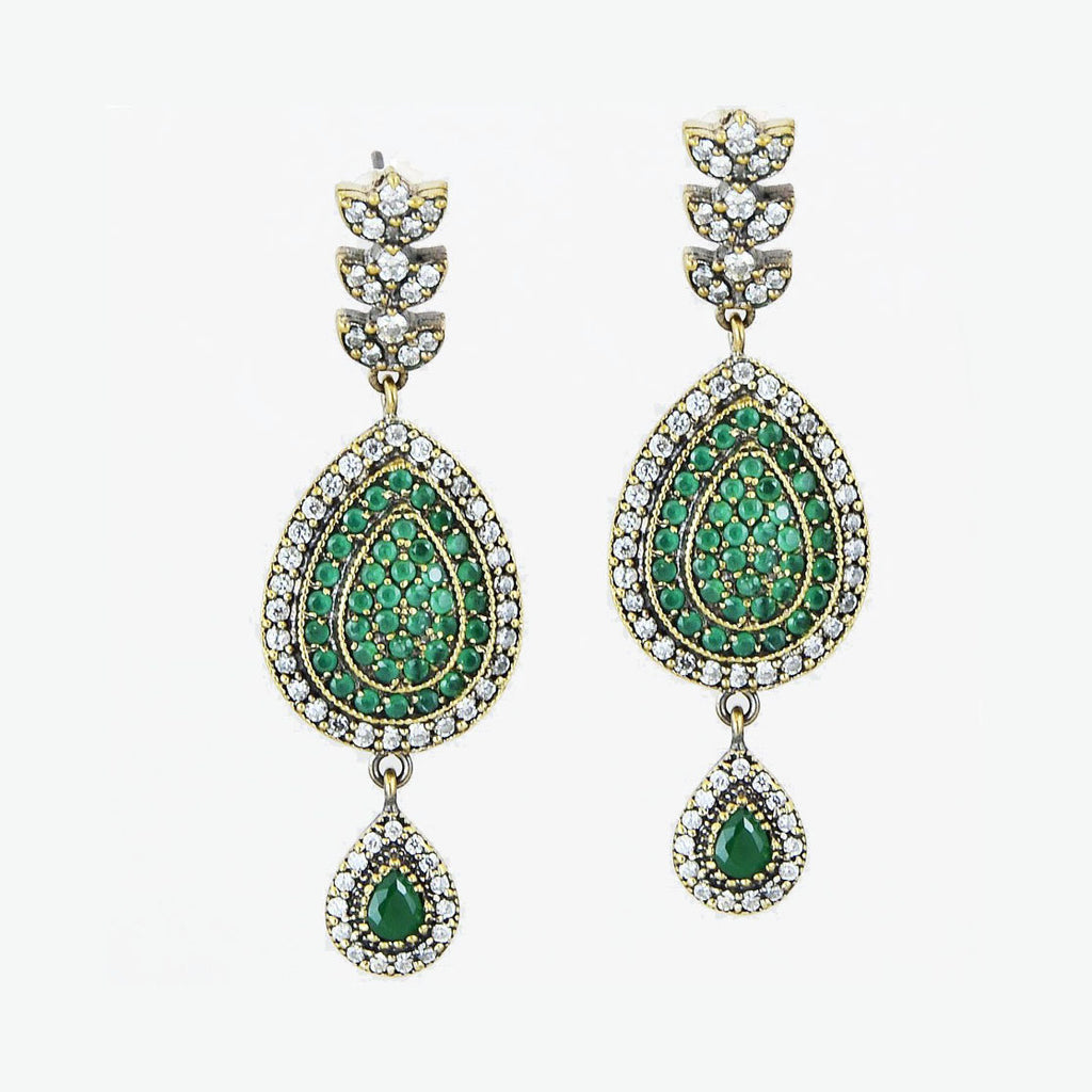 Green Pear Shape Earrings Emerald Vintage Dangle Drop 925 Sterling Silver Handcrafted - KashmirDesigns