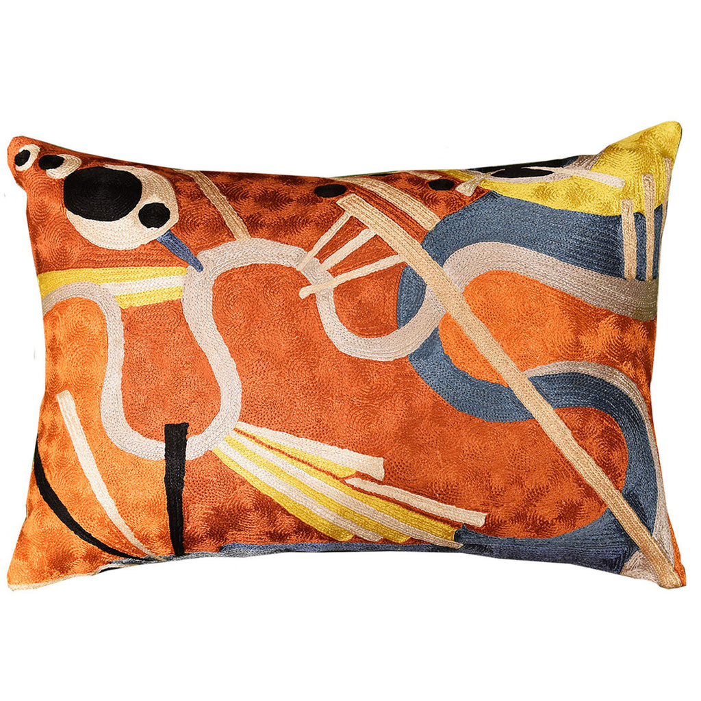 Lumbar Kandinsky Cushion Cover Rust Intuitive Flows Silk Hand Embroidered 14" x 20" - KashmirDesigns