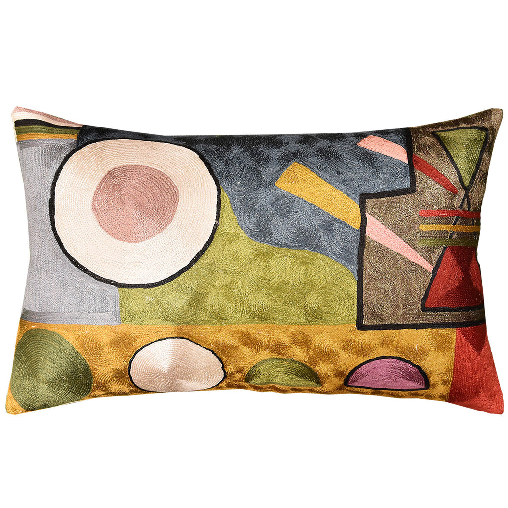 Lumbar Kandinsky Soul Flood Decorative Pillow Cover Silk Hand Embroidered 13" x 21" - KashmirDesigns