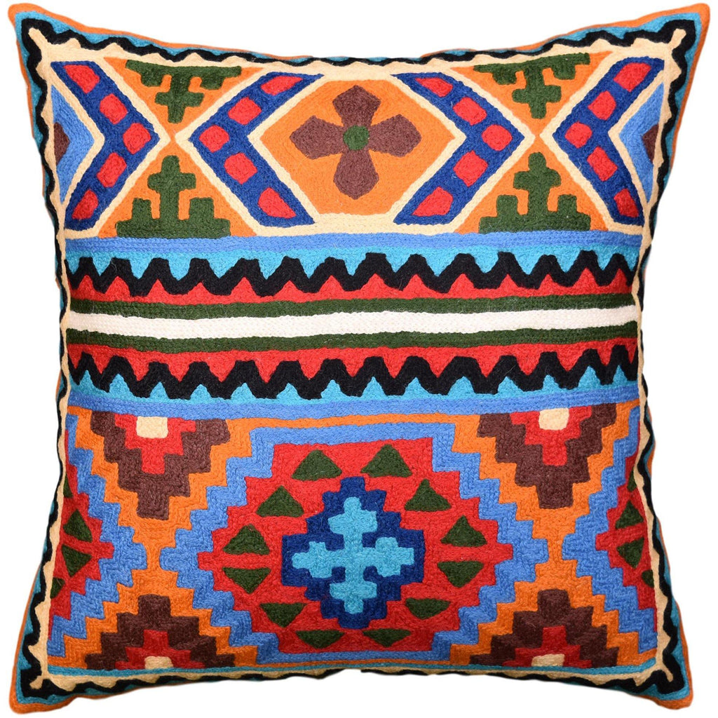 Tribal Pillow Cover Spiritual Cross Red Blue Southwestern Aztec Handembroidered Wool 18x18 - Kashmir Designs