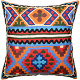 Tribal Pillow Cover Spiritual Cross Red Blue Southwestern Aztec Handembroidered Wool 18x18