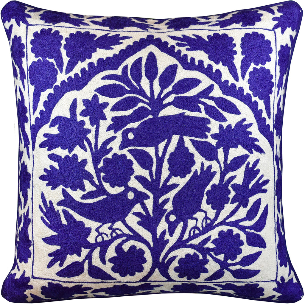 Tree of Life Birds Lapis Blue Accent Pillow Cover Handembroidered Wool 20x20" - KashmirDesigns